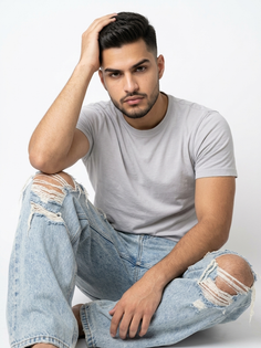 Sporty Casual Studio Portrait with Distressed Baggy Jeans