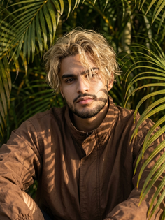 Melancholic Golden Hour Portrait Among Tropical Palms