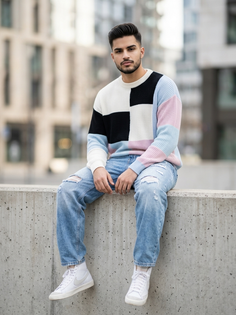 Stylish Urban Portrait in Pastel Patchwork Sweater