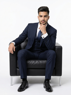 Elegant Navy Three-Piece Suit Studio Portrait