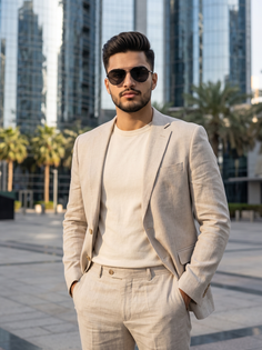 Elegant Beige Linen Suit Urban Fashion Portrait
