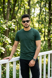 Realistic Forest Portrait with Dark Green T-Shirt