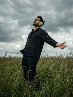Moody Field Portrait with Silver Headphones