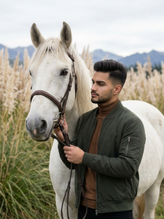 Cinematic Portrait with White Horse in Pampas Field