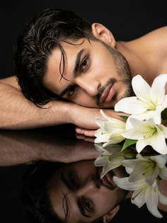 Dreamy White Lily Portrait with Black Reflection