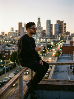 Nostalgic Rooftop Portrait Over a City Skyline