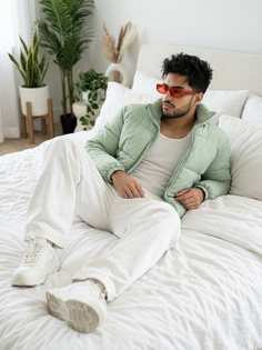 Pastel Green Puffer Jacket Bedroom Fashion Portrait