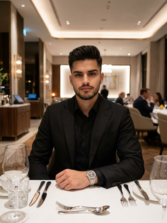 Luxury All-Black Suit Fine-Dining Portrait