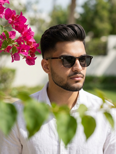 Candid White Shirt Portrait with Pink Bougainvillea