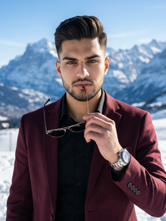 Maroon Jacket Snowy Mountain Fashion Portrait