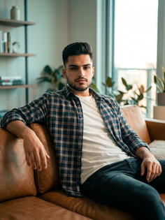 Relaxed Teal and Brown Couch Portrait