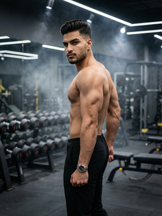 Shirtless Triceps Pose in Cinematic Gym