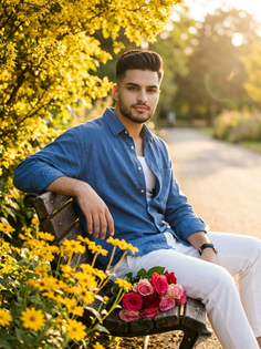 Romantic Golden-Hour Portrait with Rose Bouquet