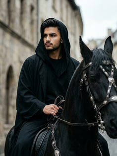 Black Robe Portrait on Majestic Black Horse