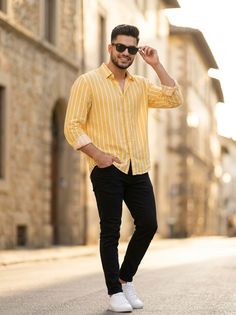 Yellow Striped Shirt Golden-Hour Street Fashion Portrait