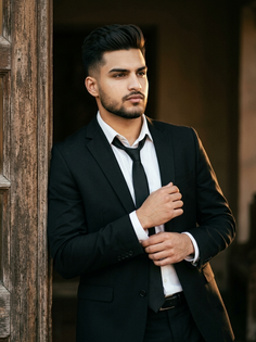 Moody Black Suit Portrait by Wooden Doorway
