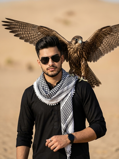 Desert Fashion Portrait with Majestic Falcon