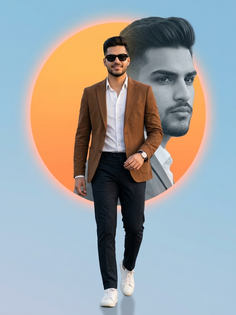 Layered Brown Blazer Fashion Portrait with Orange Sun
