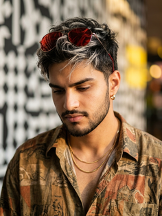 Dreamy Amber Light Portrait with Red Sunglasses