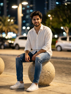 Urban Night Portrait on Stone Sphere