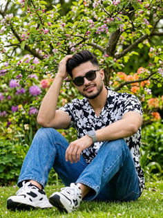 Floral Shirt Garden Portrait with Blooming Apple Tree
