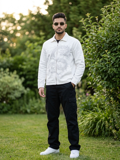 White Dragon Print Jacket Streetwear Portrait