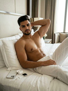 Luxury Hotel Bed Shirtless Fashion Portrait