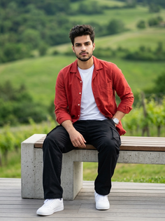 Red Shirt Hillside Gen Z Fashion Portrait