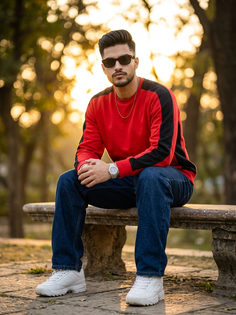 Red Black Sweatshirt Sunset Bench Portrait