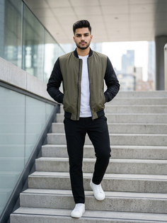 Olive Bomber Jacket Urban Stair Portrait
