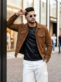 Brown Jacket White Cargo Luxury Portrait
