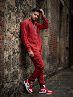 Red Streetwear Stone Wall Fashion Portrait