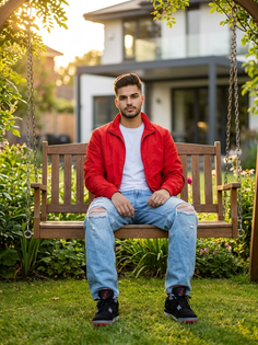 Red Jacket Golden Hour Swing Portrait