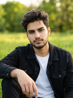 Black Jacket Green Grass Outdoor Portrait