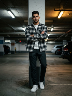 Black White Plaid Flannel Parking Portrait