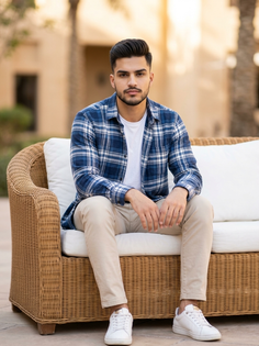 Blue Plaid Flannel Wicker Sofa Portrait