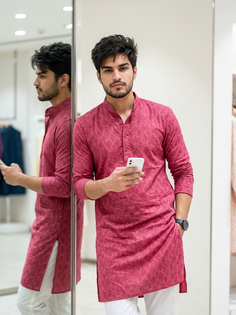 Raspberry Pink Leaf Pattern Kurta Mirror Portrait
