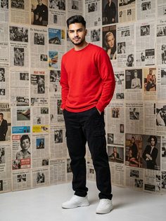 Red Winter Jersey Newspaper Room Portrait