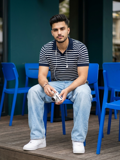 Navy Striped Polo Café Portrait