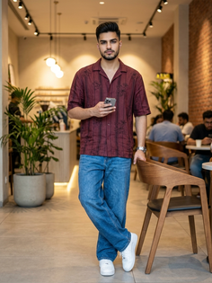 Maroon Floral Shirt Café Fashion Portrait
