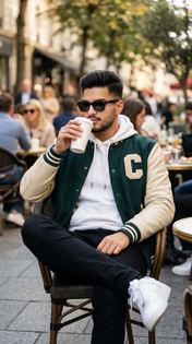 Green Varsity Jacket Café Lifestyle Portrait