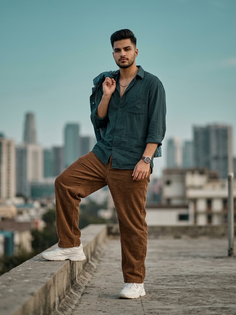 Dark Teal Shirt Rooftop Fashion Portrait