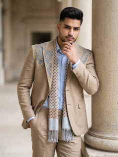 Tan Blue Gold Paisley Linen Suit Portrait
