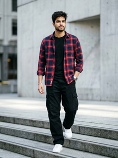 Red Navy Checked Shirt Stairway Portrait