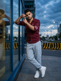 Maroon Floral Shirt Dusk Streetwear Portrait