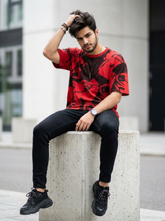 Red Black Graphic T Shirt Concrete Pedestal Portrait