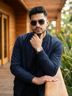 Navy Bomber Jacket Thoughtful Railing Portrait