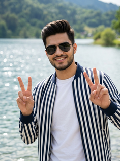 Striped Bomber Jacket Double Peace Sign Portrait