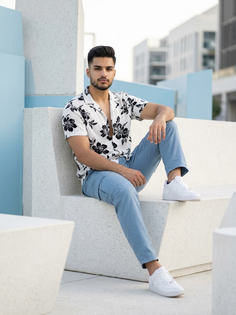 White Floral Shirt Light Blue Cargo Fashion Portrait
