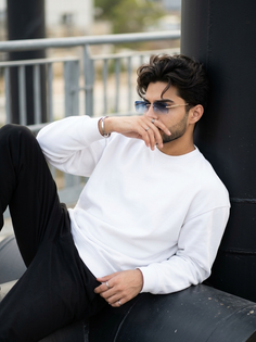 White Sweatshirt Gradient Blue Sunglasses Portrait